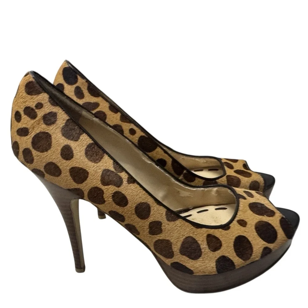 Enzo Angiolini‎ Leopard Calf Hair Platform Peep Toe Heels Brown Tan Size 6M